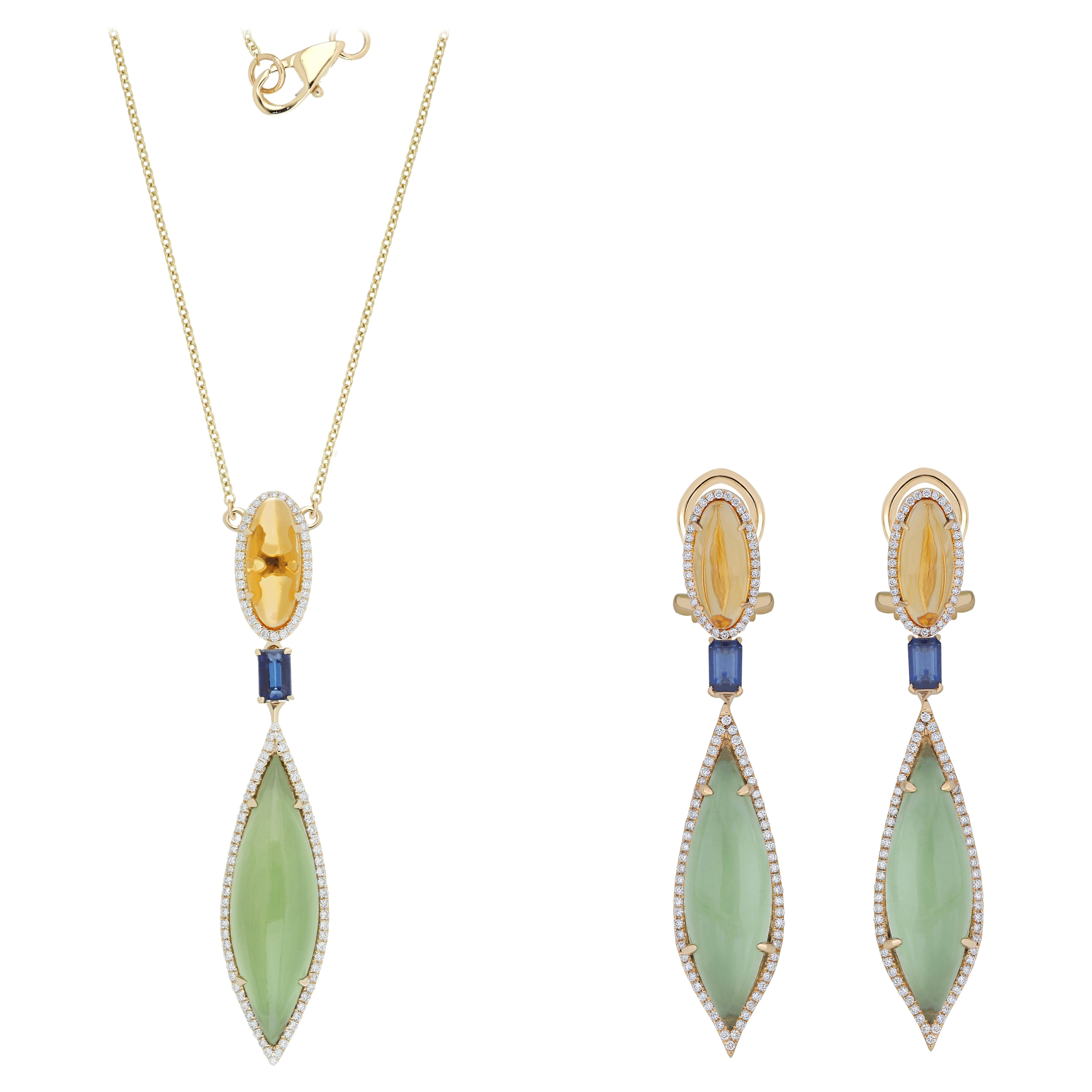 Mintquarz, Kyanit, Citrin und Diamant-Halskette, Ohrring aus 14 Karat Gelbgold