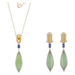 Mintquarz, Kyanit, Citrin und Diamant-Halskette, Ohrring aus 14 Karat Gelbgold