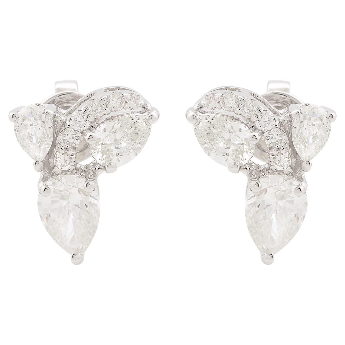SI Clarity HI Color Pear Round Diamond Minimalist Stud Earrings 14k White Gold