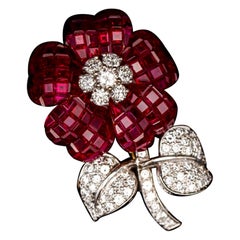 Pederzani Invisible Setting Ruby Diamond Flower Brooch Yellow White Gold Italian
