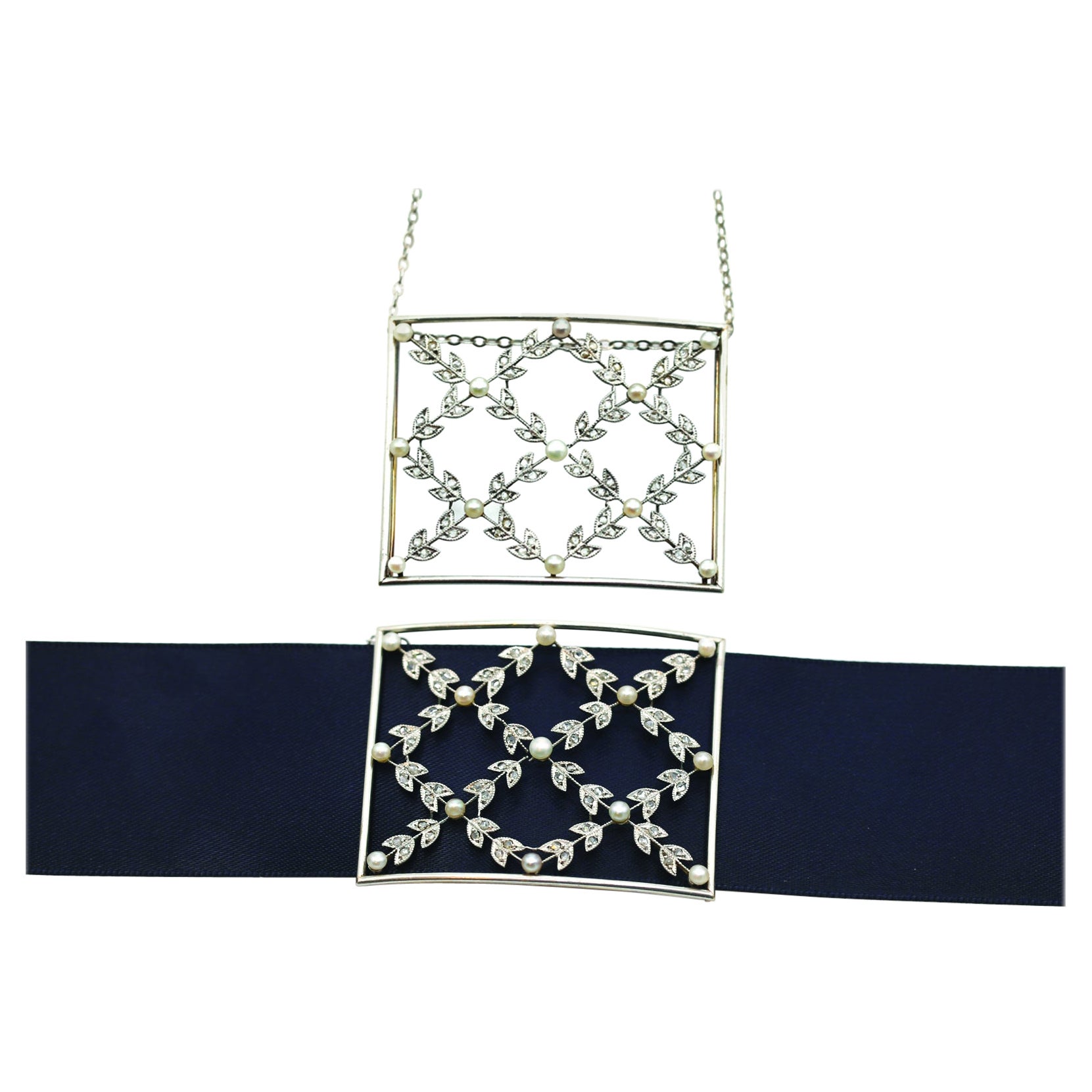 Ciondolo a girocollo Art Nouveau Perle naturali Diamanti Mine, 1925