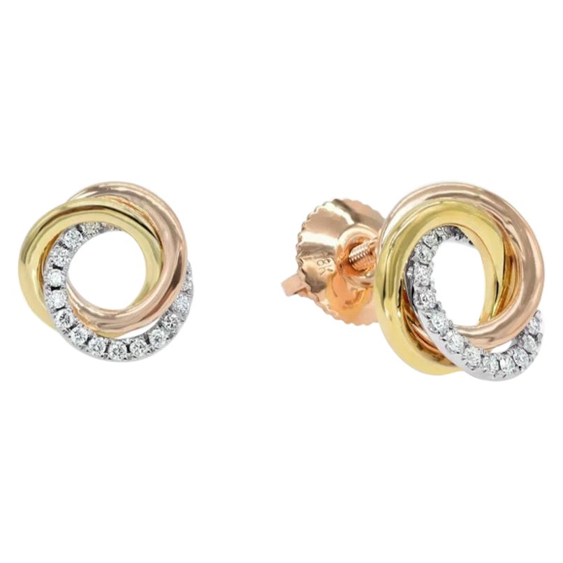 Intertwined Tri-Color Circle Earring 14k Solid Gold Diamond Anniversary Earring. For Sale
