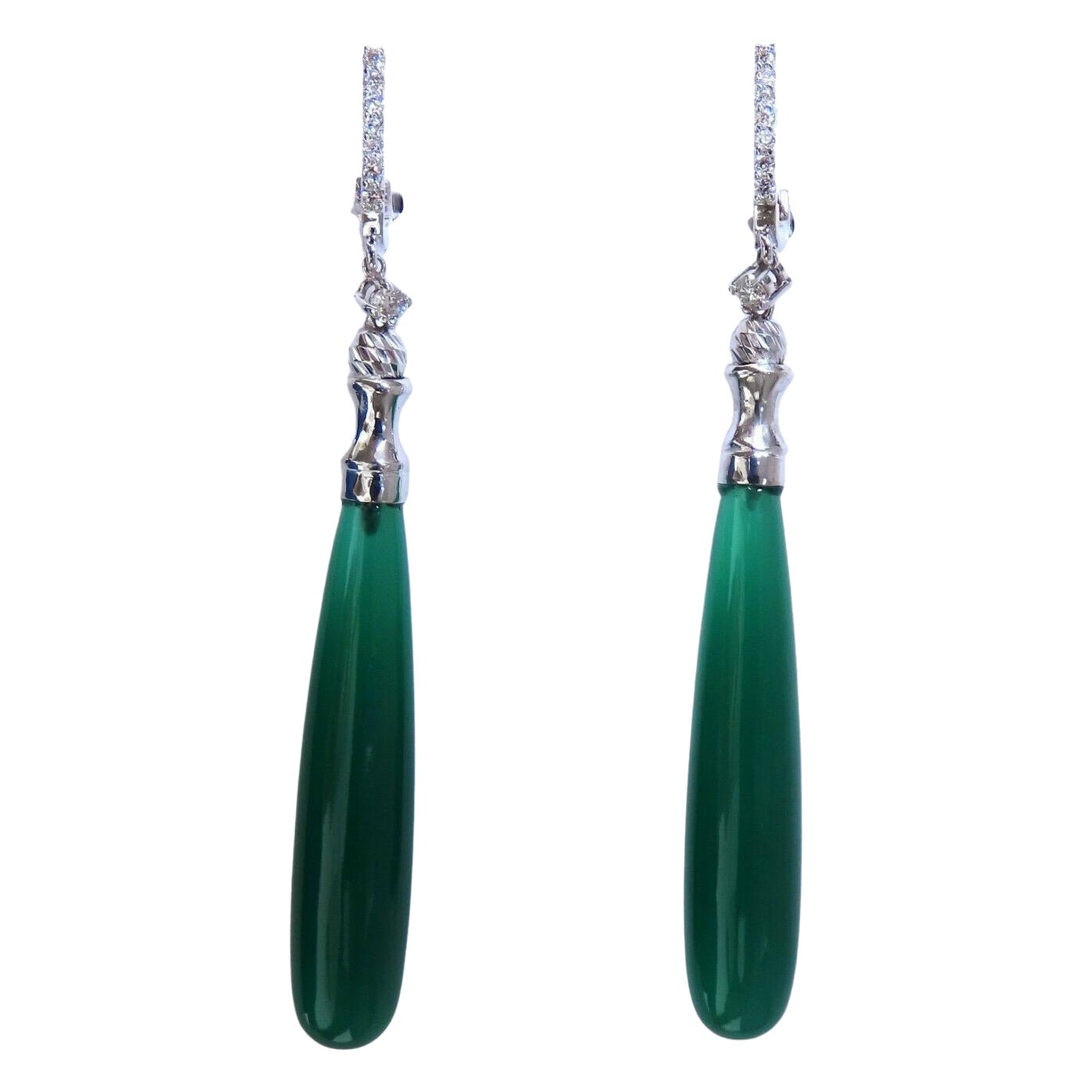 Extra Long Natural Jade Drop Diamond Earrings 14 Karat