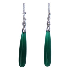 Extra lange natürliche Jade-Tropfen-Diamant-Ohrringe 14 Karat