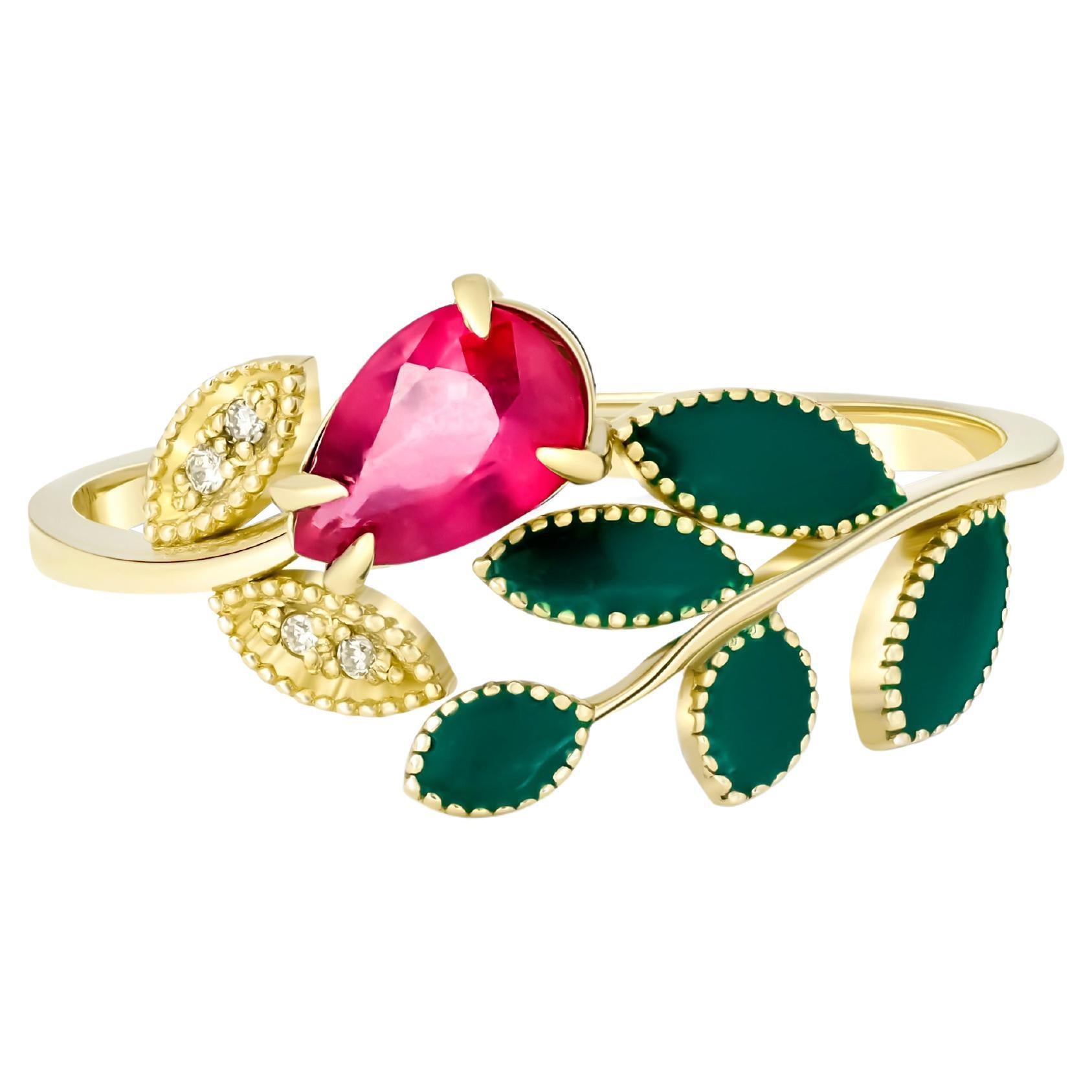 Flower ring with ruby in 14k gold. For Sale at 1stDibs