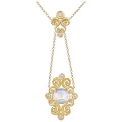 Faceted Rainbow Opal Diamond Gold Arabesque Drop Necklace, Pamela Froman 2021