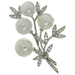 TIFFANY & CO. Diamond South Sea Pearl Platinum Floral Brooch 3