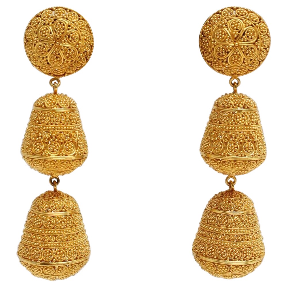21k Yellow Gold African Filigree Dangle Earrings, 46.2g For Sale