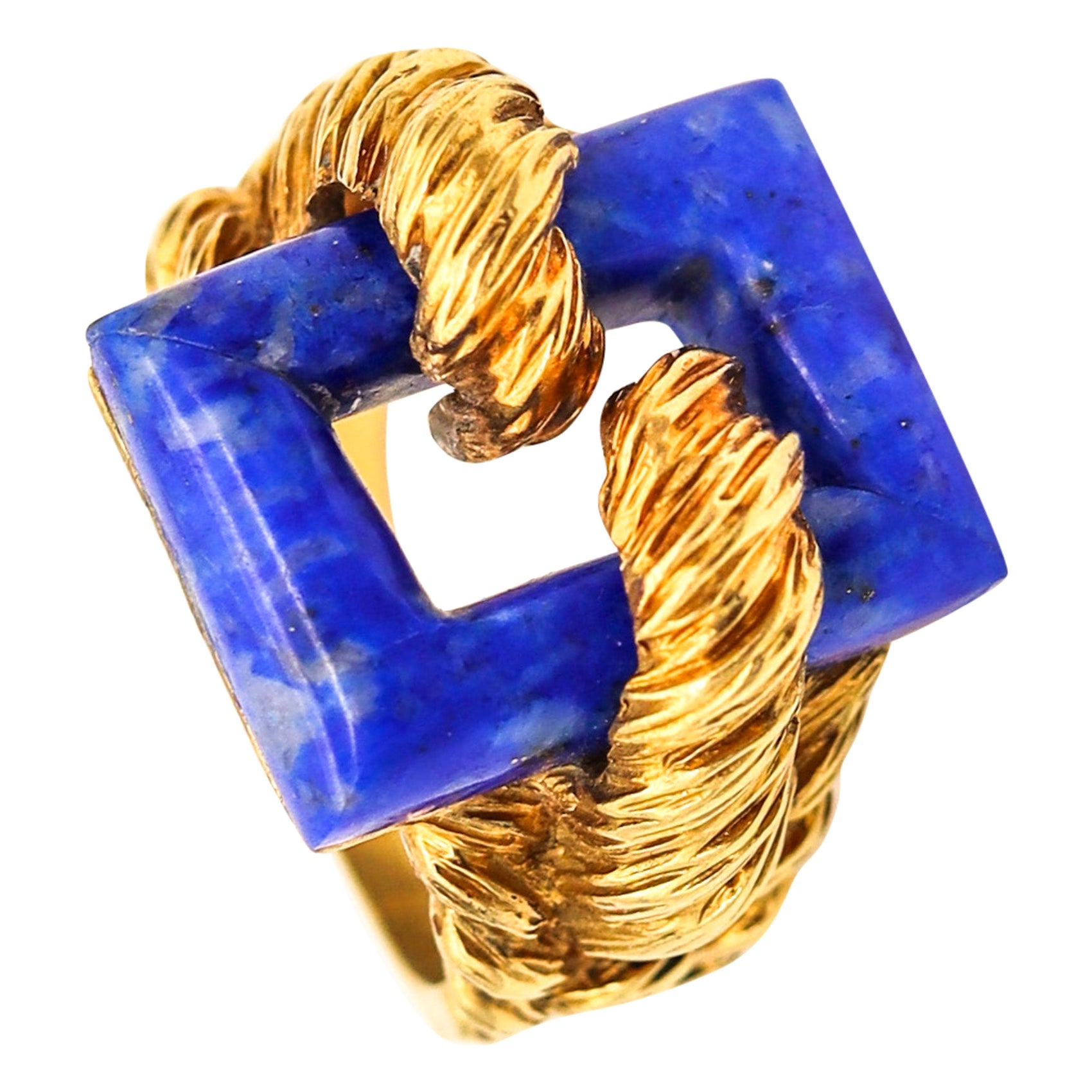 ITALIAN 1970 Twisted Modernist Ring In Solid 18Kt Yellow Gold With Lapis Lazuli