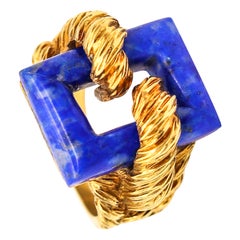 ITALIAN 1970 Twisted Modernist Ring In Solid 18Kt Yellow Gold With Lapis Lazuli