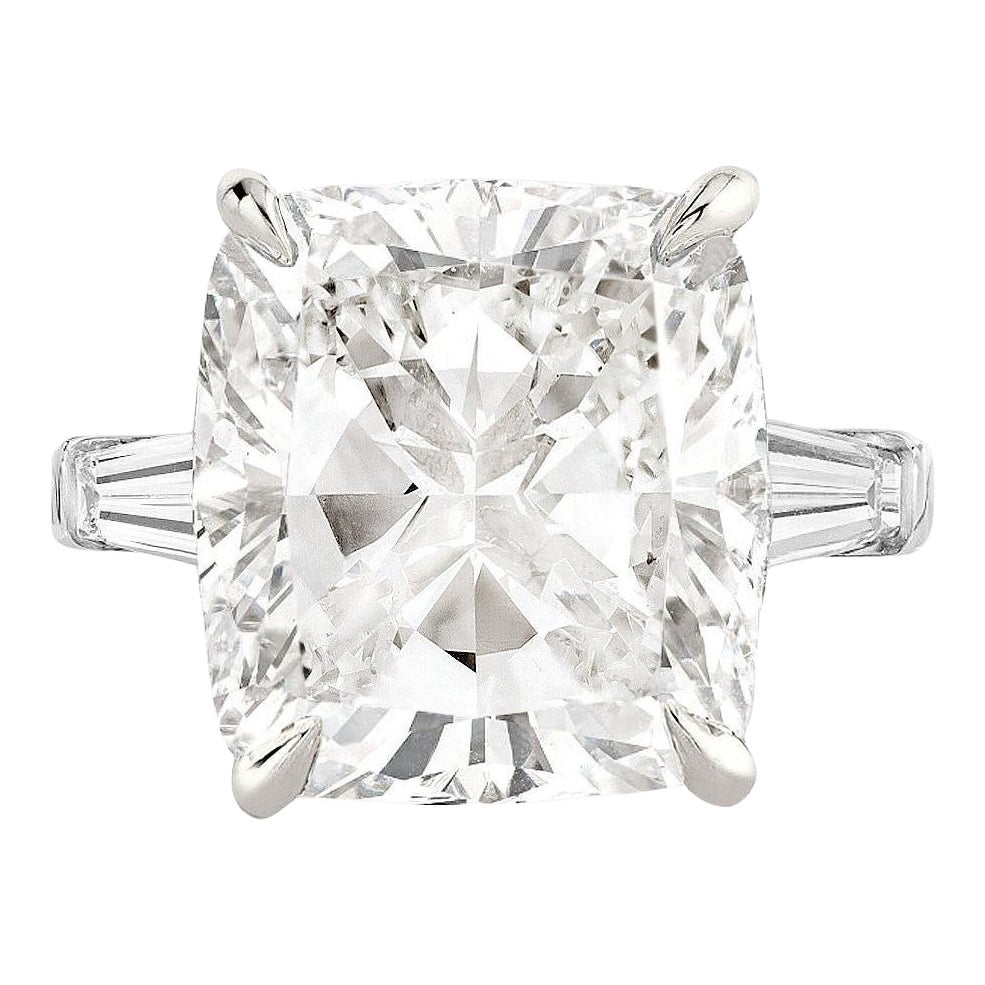 GIA Certified 10 Carat Cushion Cut Diamond Ring with tapered baguette