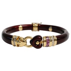 La Nouvelle Bague 18k Gold Burgundy Diamond & Garnet Heart Bangle, 7"- 37.2g