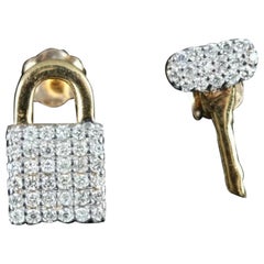 Lock key stud earring 14K yellow gold diamond ear stud fine luxury jewelry gift