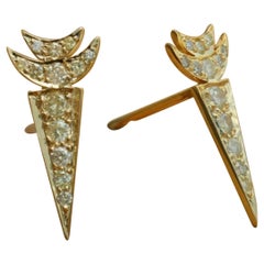 Natural Diamond Crescent Moon Earring Studs 14K Yellow Gold Luxury Jewelry Gift.