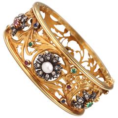 Antique Napoleon III Gem-set gold Cuff Bracelet 12