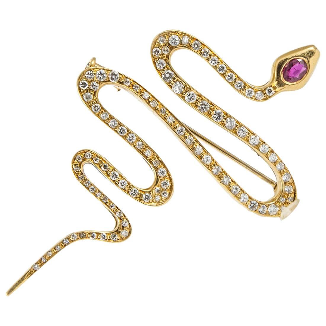 Vintage Gold Diamond and Ruby Snake Brooch For Sale