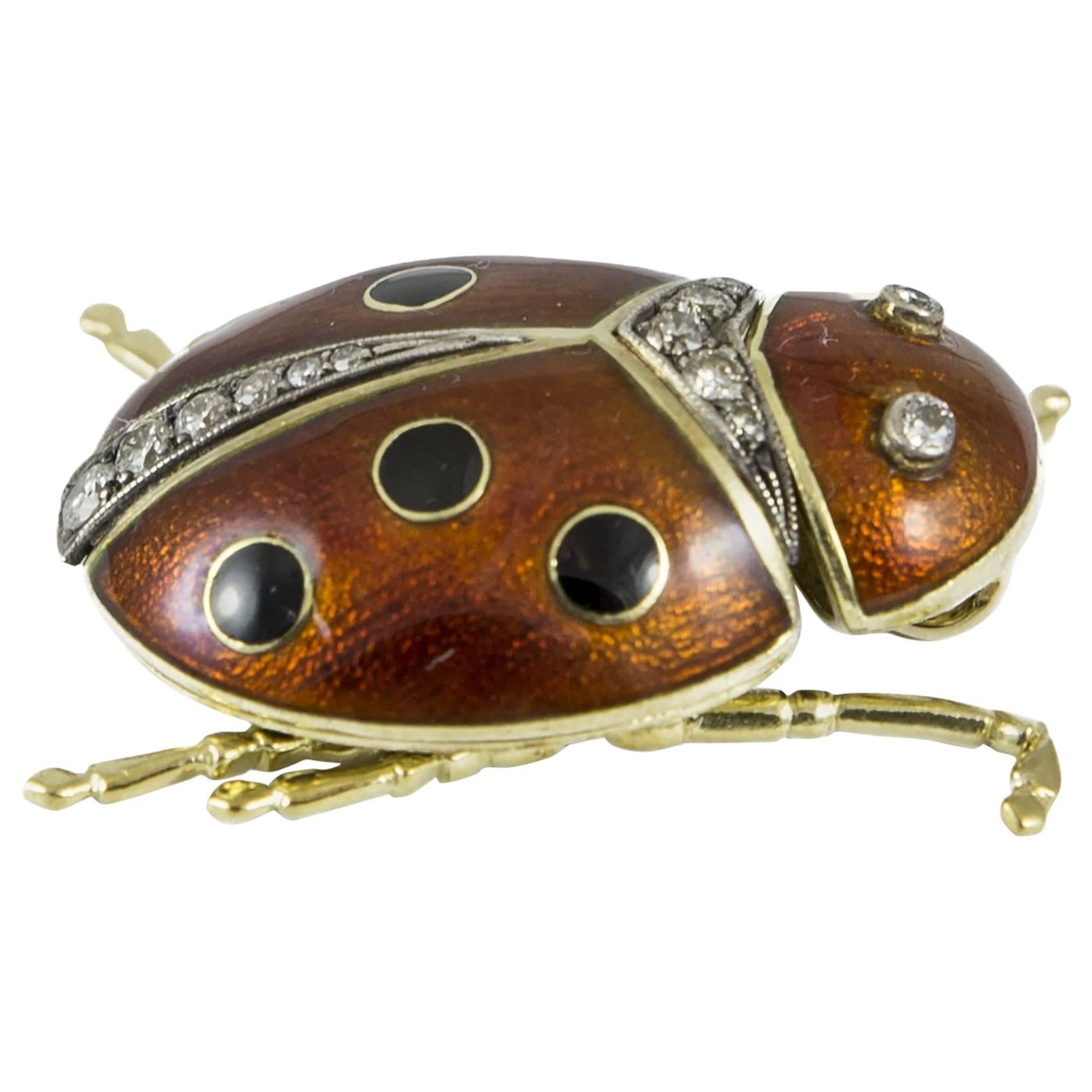 Gold Diamond and Enamel Lady Bug Pendant For Sale