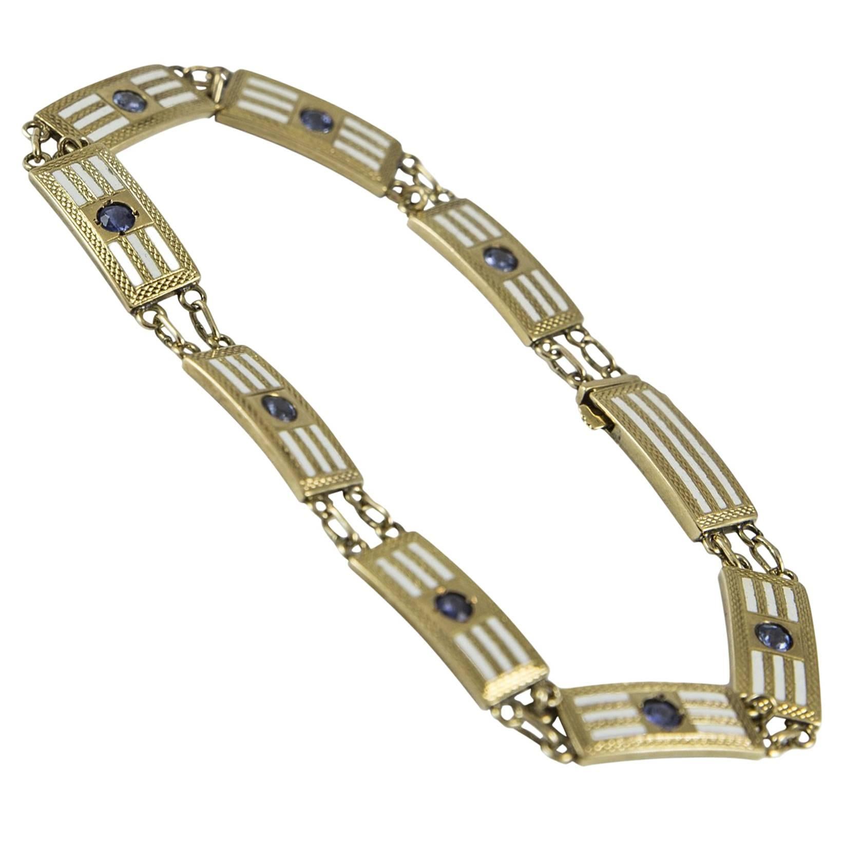 Art Deco Sapphire Gold and Enamel Link Bracelet  For Sale