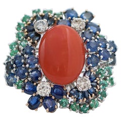 Coral, Emeralds, Diamonds, Sapphires, 14 Karat White Gold Ring.