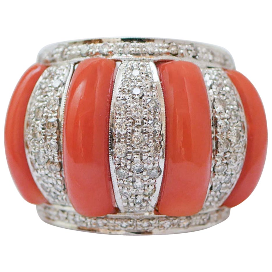 Coral, Diamonds, 14 Karat Rose Gold and White Gold Ring.