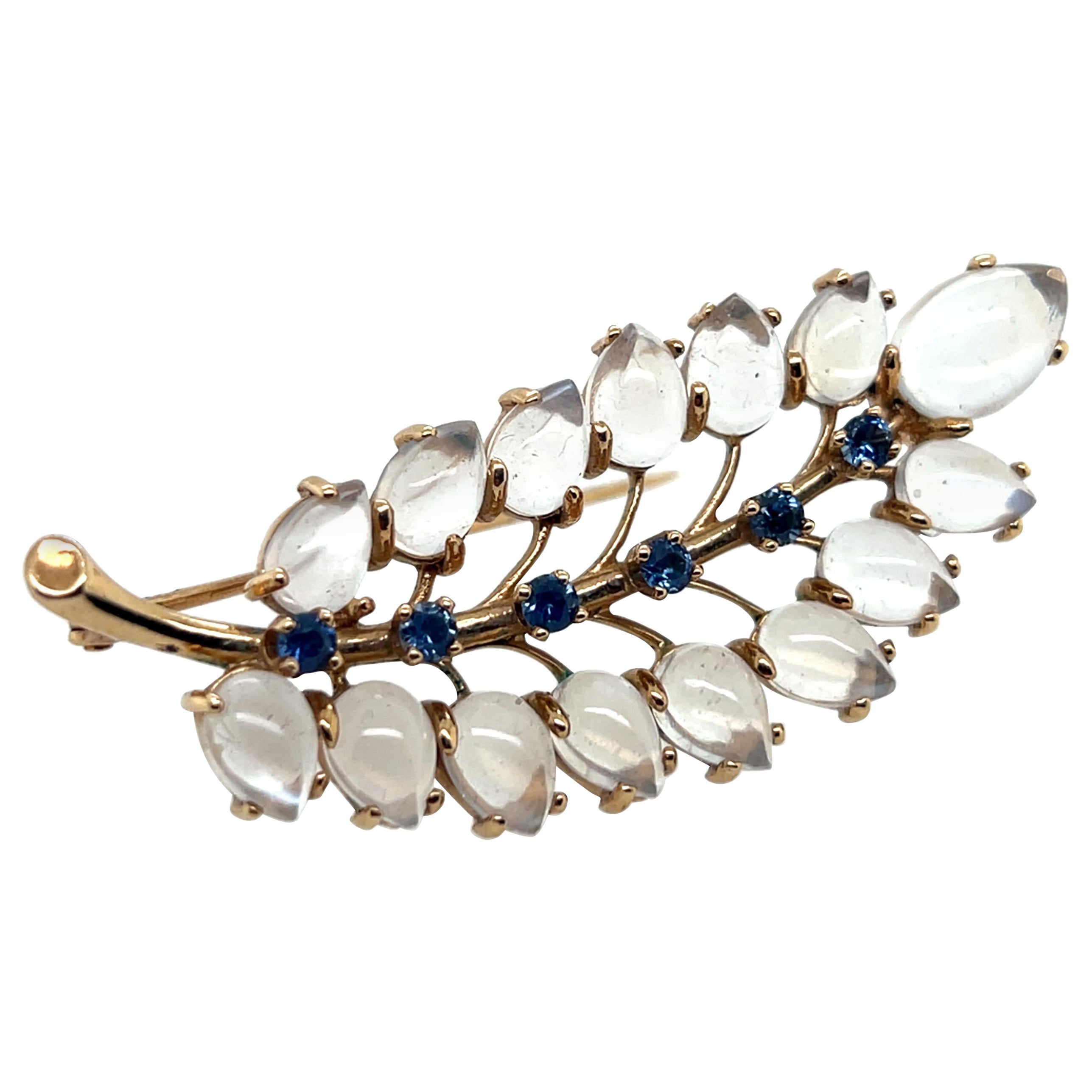 Retro Gold Sapphire and Rare Blue Cabochon Moonstone Leaf Shaped Pin Brooch 1970