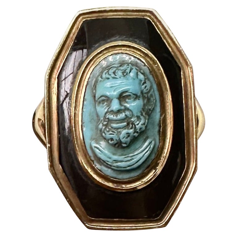 Socrates Turquoise Cameo Ring Black Onyx 18 Karat Gold Museum Quality Victorian