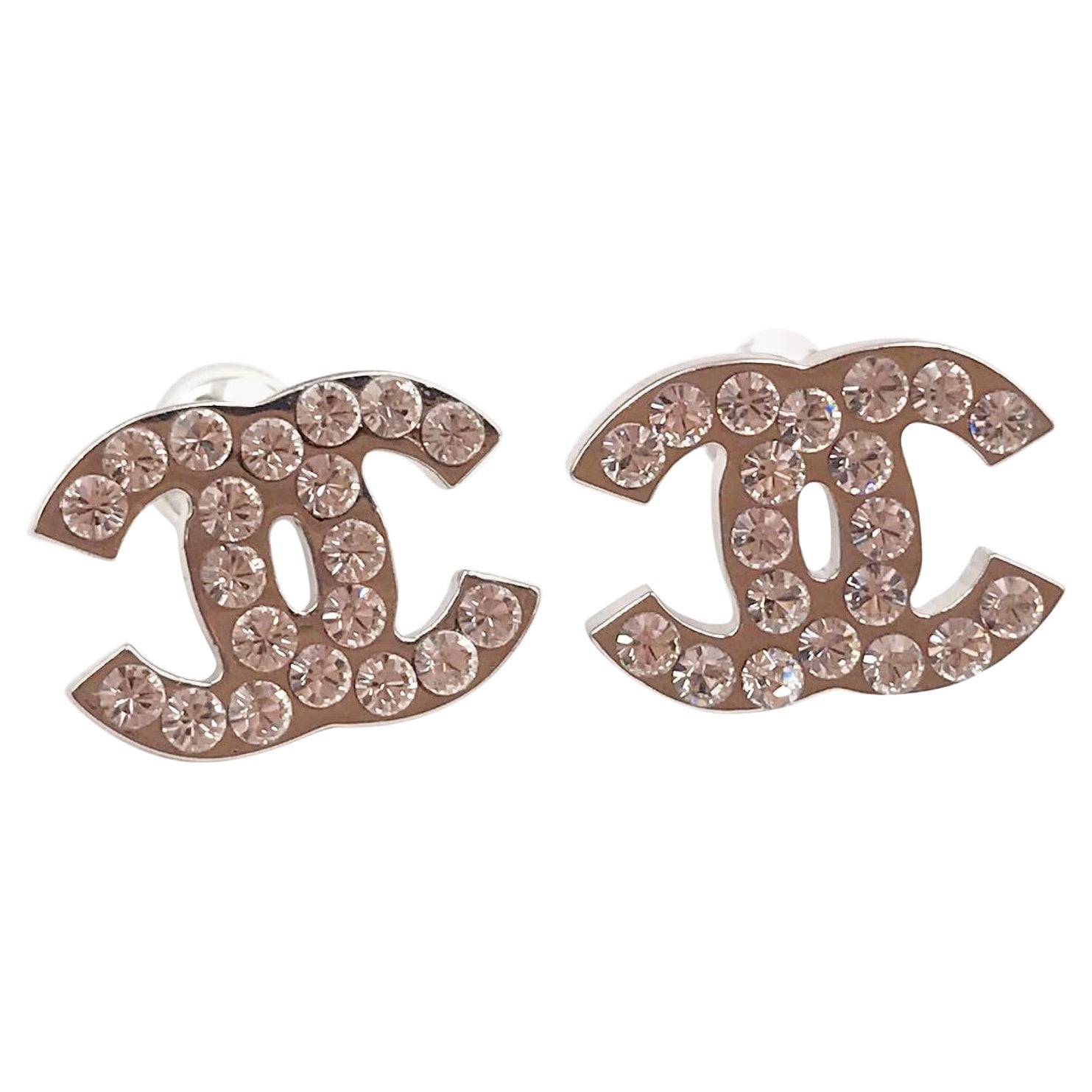 Chanel Classic Silver CC Crystal Medium Piercing Earrings
