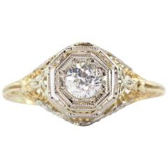 Art Deco Yellow and White Gold Old European Cut Diamond Engagement Ring 
