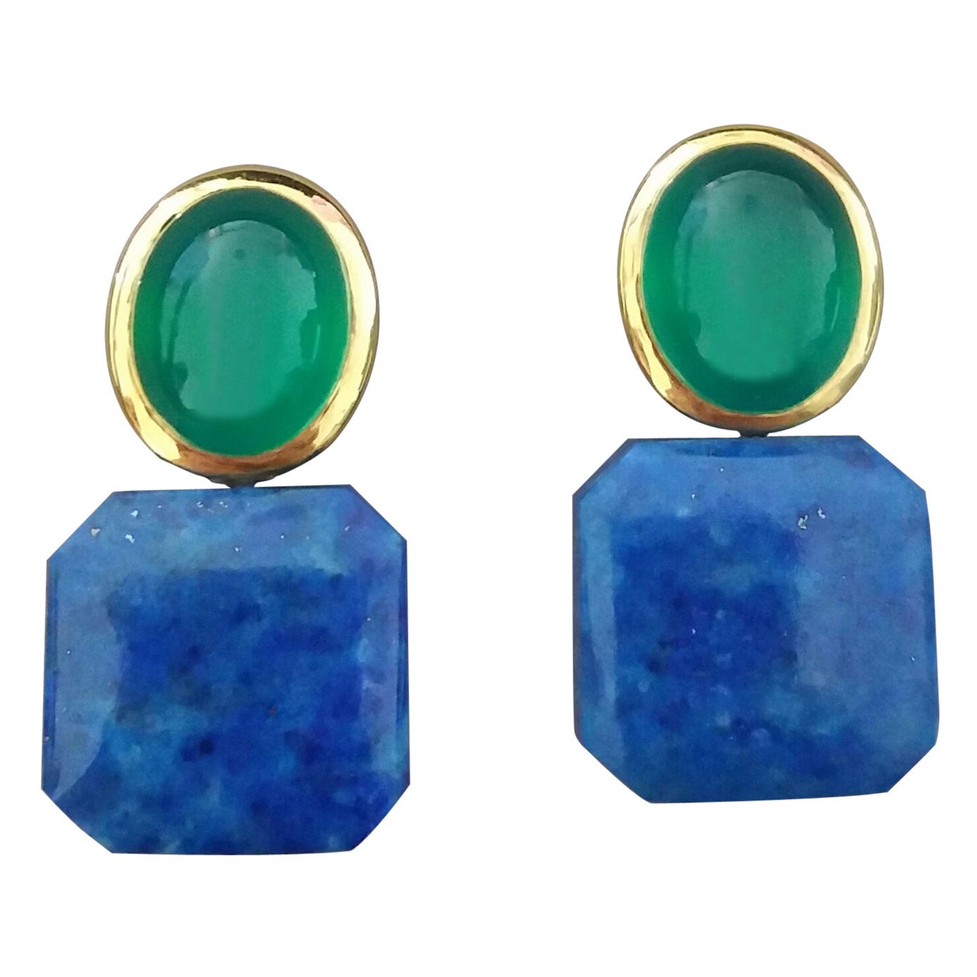 Green Onyx Oval Cabs Yellow Gold Natural Lapislazuli Octagon Shape Stud Earrings