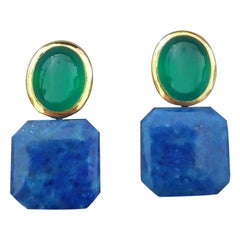 Green Onyx Oval Cabs Yellow Gold Natural Lapislazuli Octagon Shape Stud Earrings