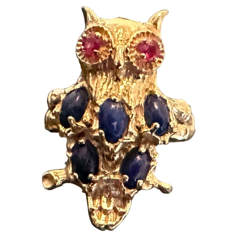 Owl Bird Ring Lapis Lazuli Ruby Retro Midcentury 14 Karat Yellow Gold