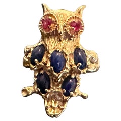 Owl Bird Ring Lapis Lazuli Ruby Retro Midcentury 14 Karat Yellow Gold
