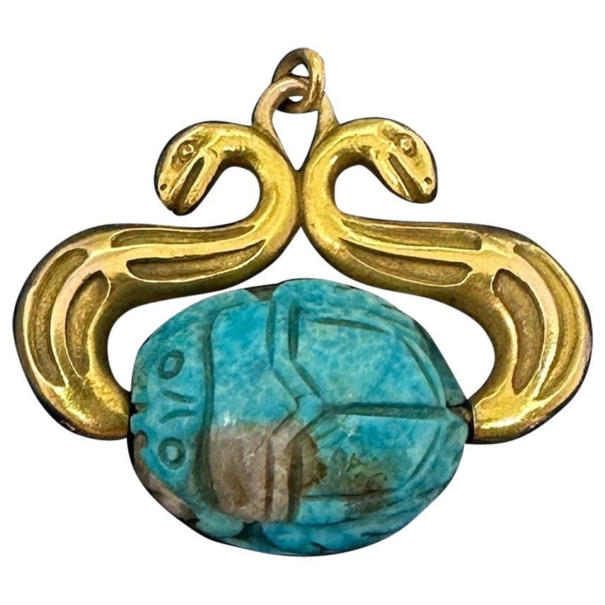 Snake Turquoise Scarab Egyptian Revival Pendant Necklace Antique Victorian Gold
