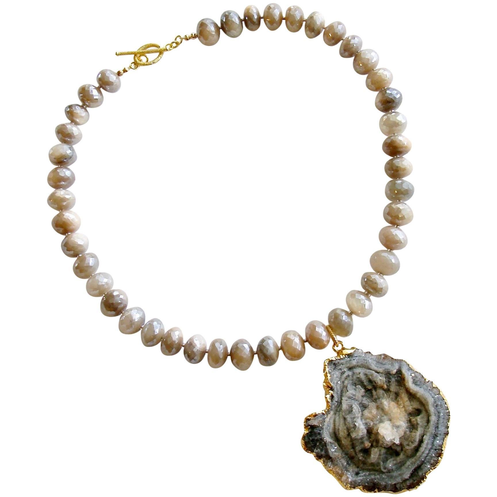 Champagne Mystic Moonstone Necklace Conchina Druzy Pendant For Sale