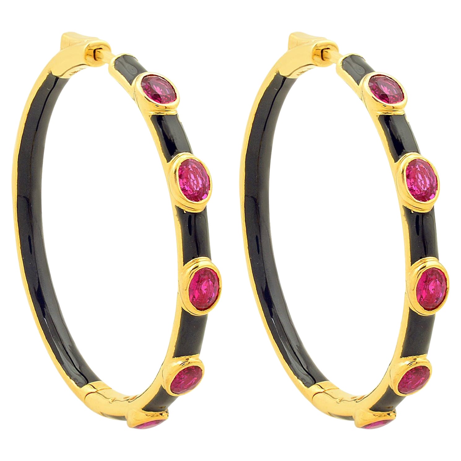 Pendientes de aro con gema de rubí ovalado de 2,24 quilates Joyas de oro amarillo macizo de 18 quilates con esmalte