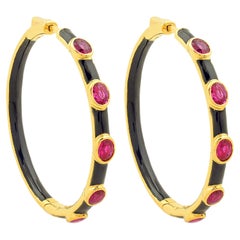 2.24 Carat Oval Ruby Gemstone Hoop Earrings Solid 18k Yellow Gold Enamel Jewelry