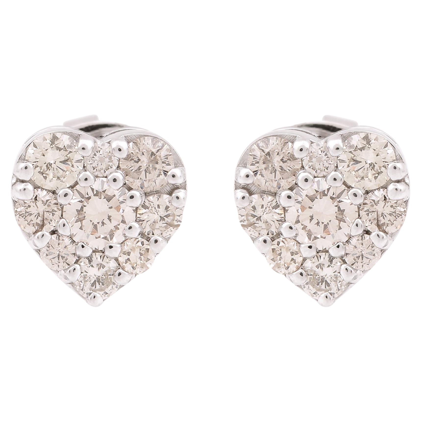 0.85 Carat Diamond Pave Heart Shape Stud Earrings Solid 10k White Gold Jewelry
