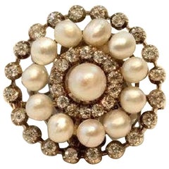 Antique Old European Cut Diamond and Natural Pearl Brooch