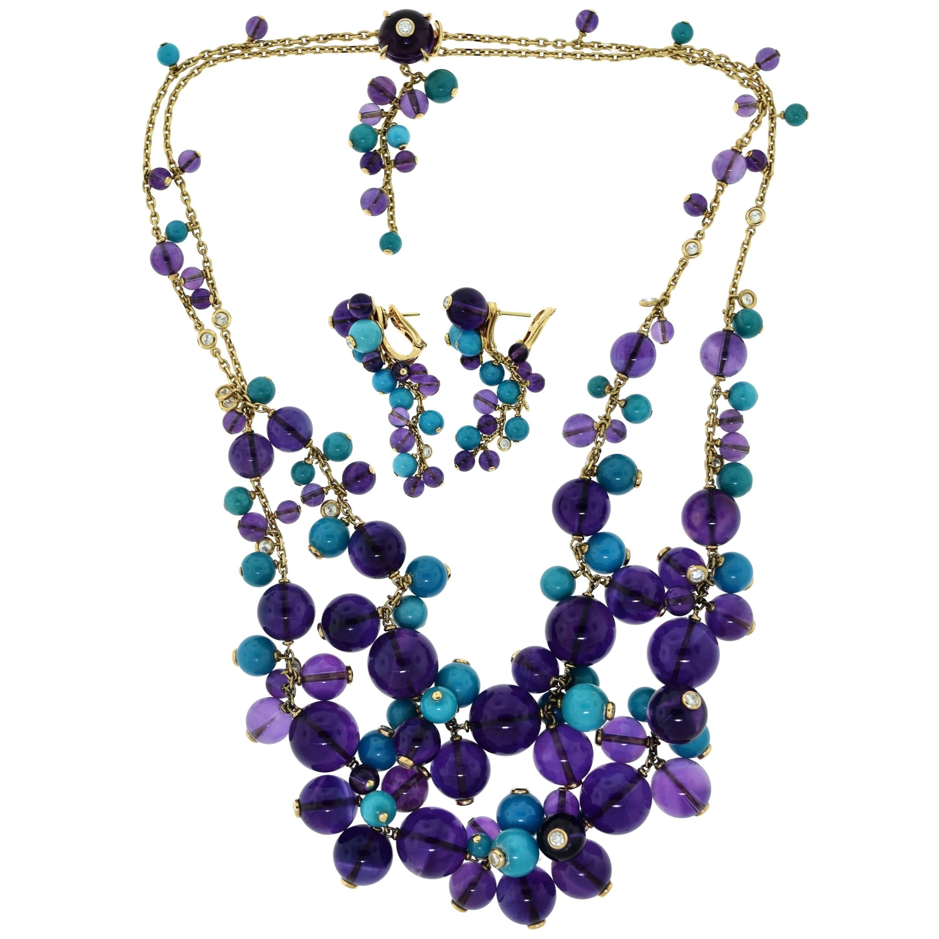 Cartier "Delices de Goa" Amethyst Turquoise Diamond Necklace and Earring Set For Sale
