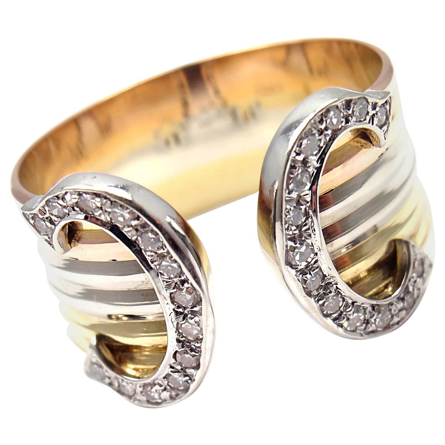 Cartier Double C Diamant Tri-Color Gold Band Ring