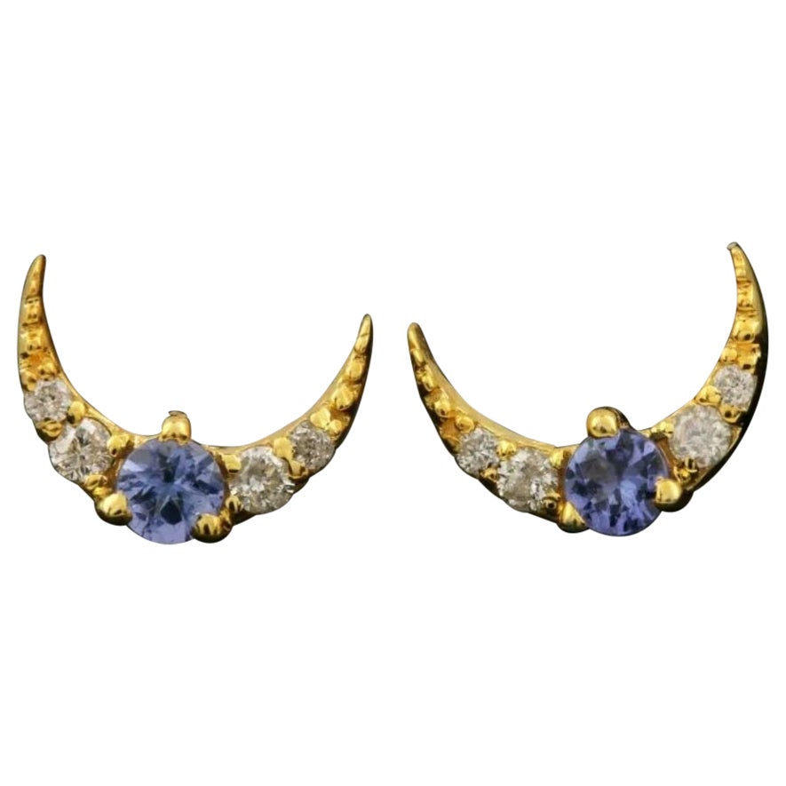 Natural Diamond Moon Earring 14k Gold Tanzanite Minimalist Dainty Earring Gift.