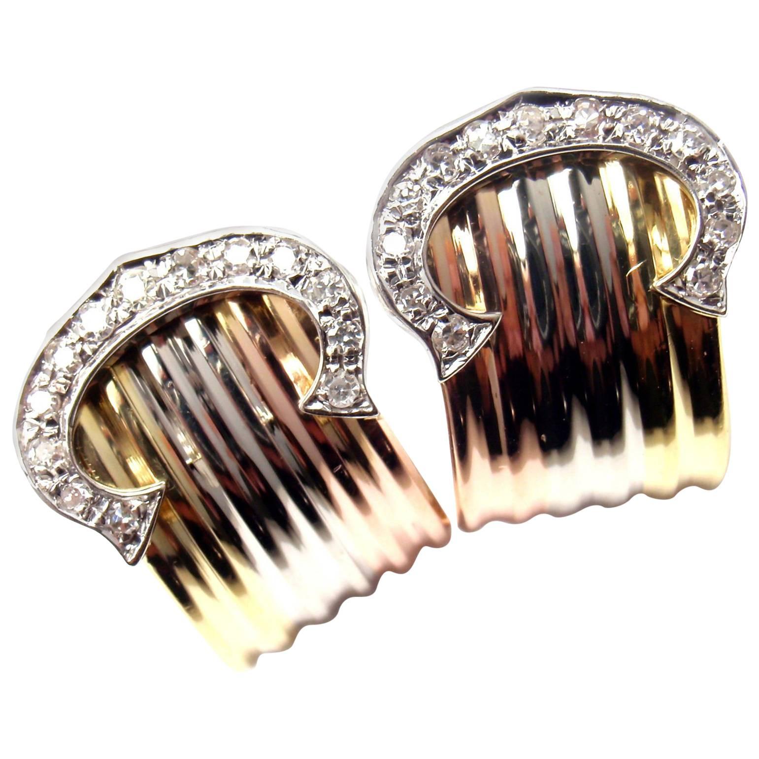 Cartier Double C Diamond Tri-Color Gold Hoop Earrings