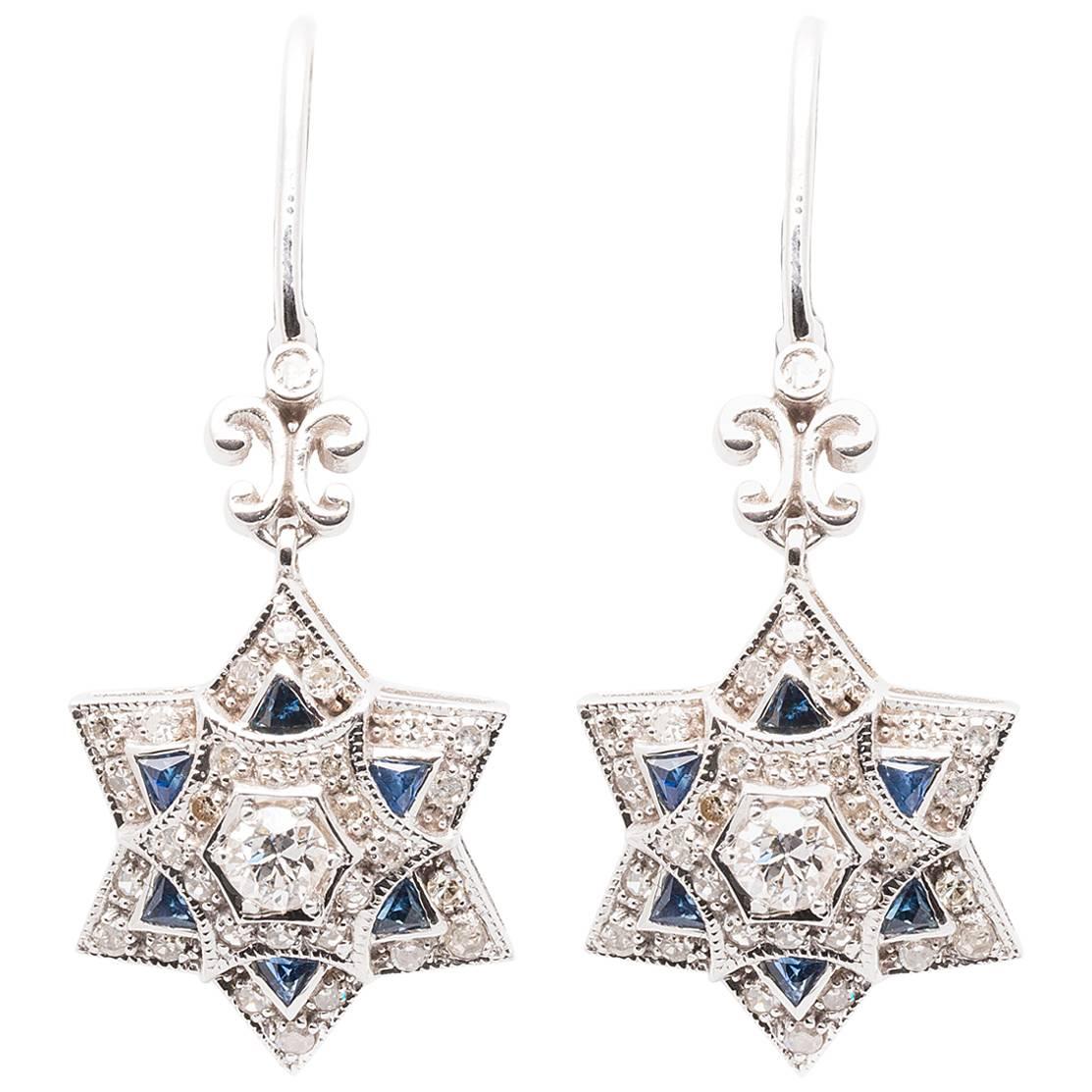 Star of David Diamond and Sapphire Earrings in White Gold
