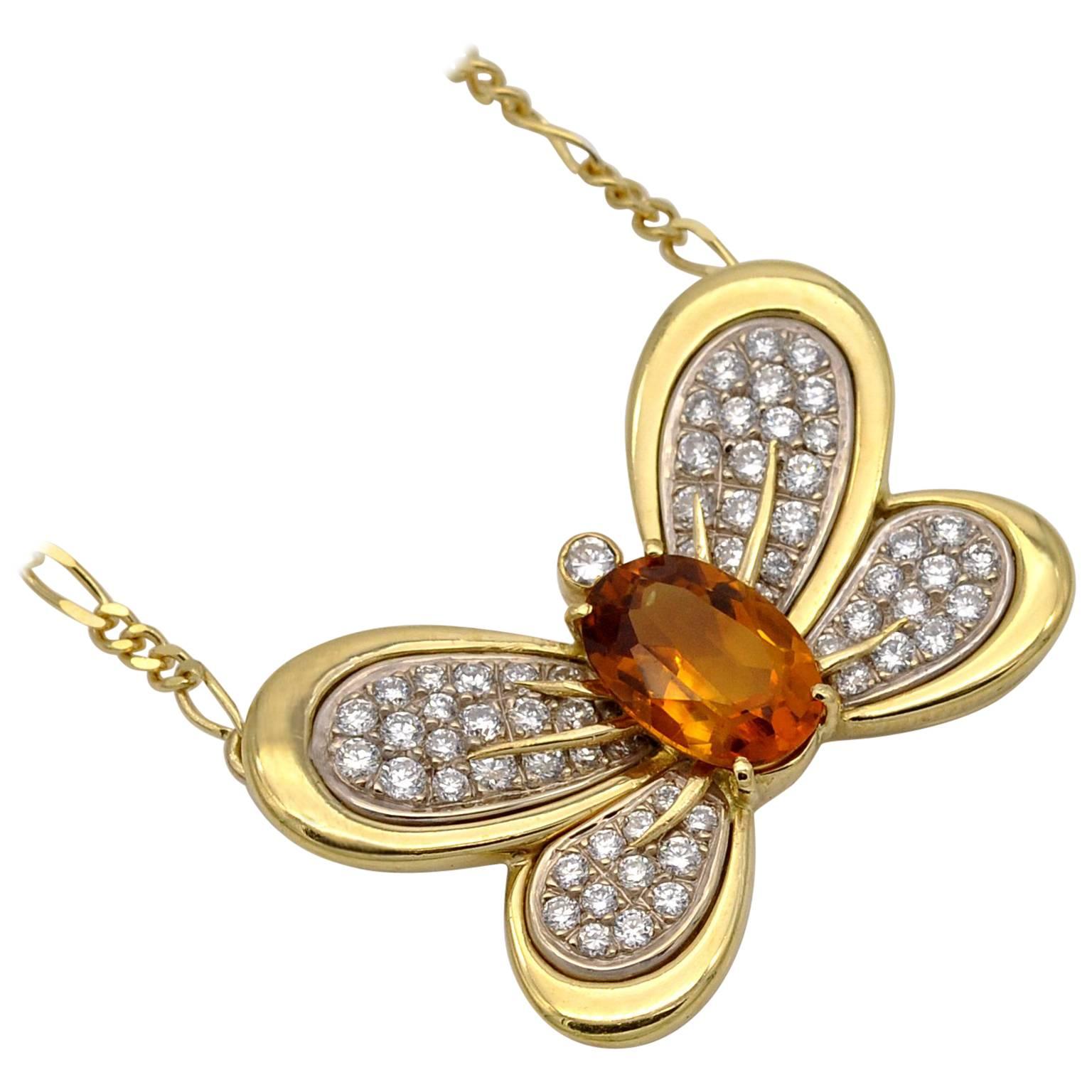 Diamond Citrine and Gold Butterfly Necklace
