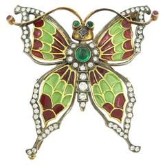 Plique a Jour Enamel Diamond and Gold Butterfly Brooch