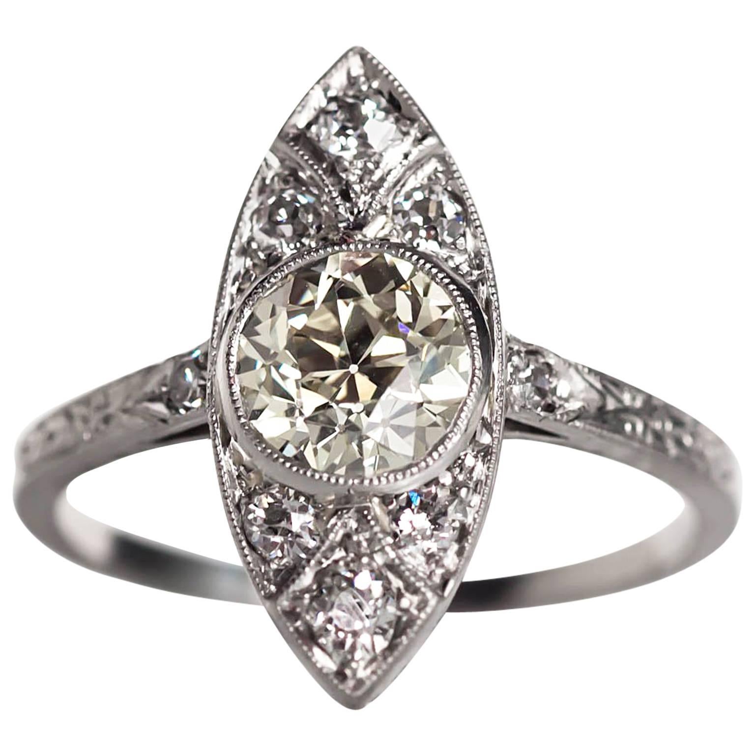 1920s Art Deco Platinum Navette Shape GIA Certified 1.10 Carat Diamond Ring