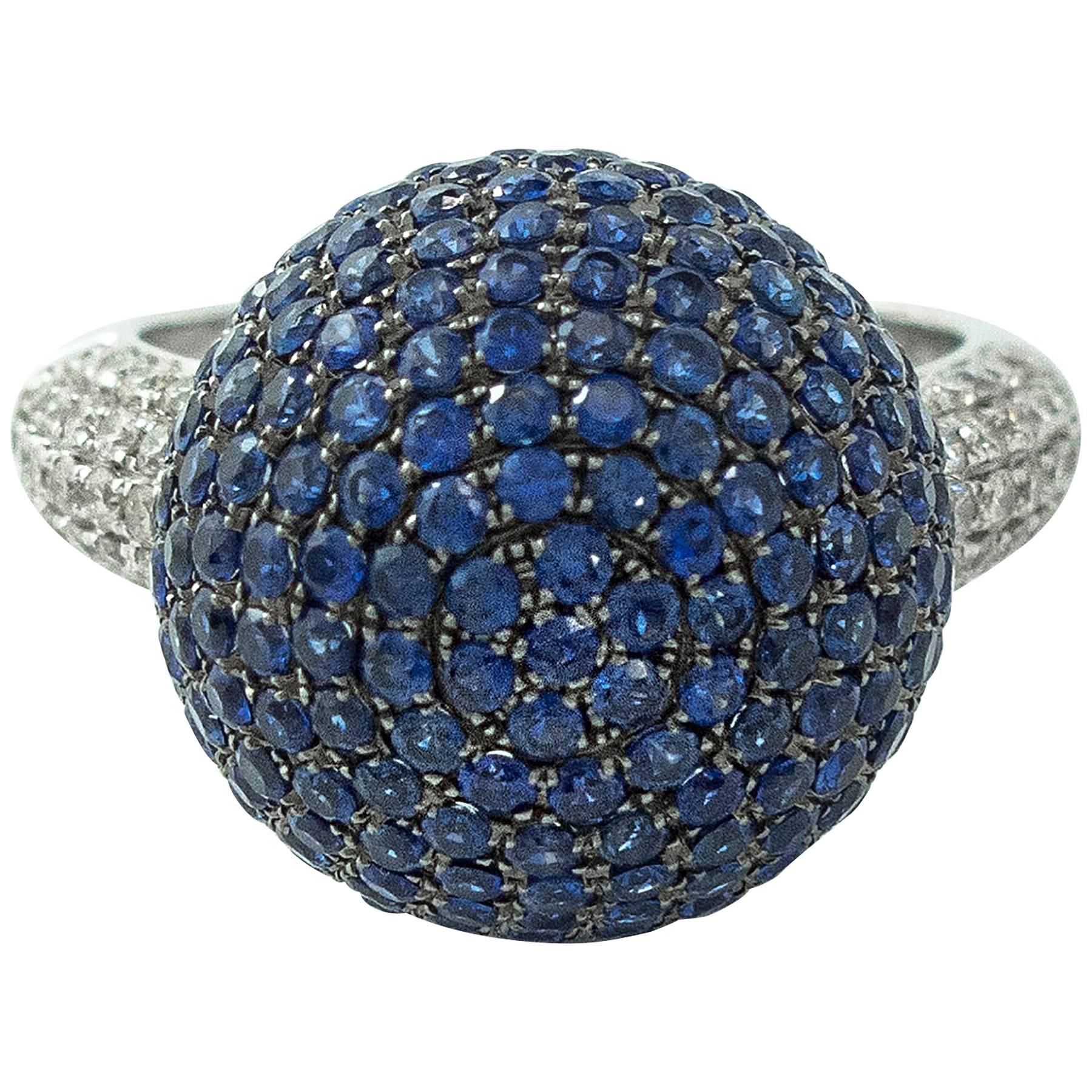 Blue Sapphire Diamond Ball Ring For Sale