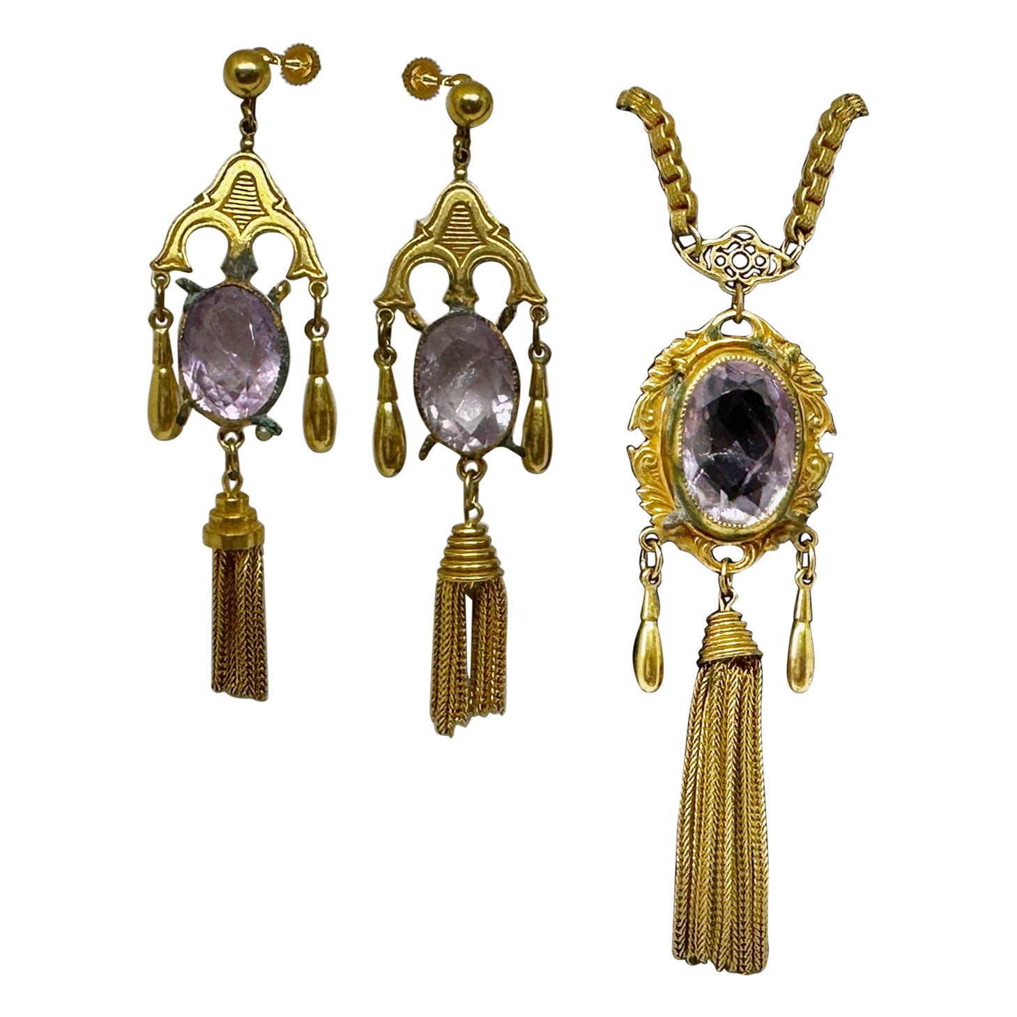 22 Carats Rose de France Amethyst Earrings Necklace Victorian Fringe Parure 1870