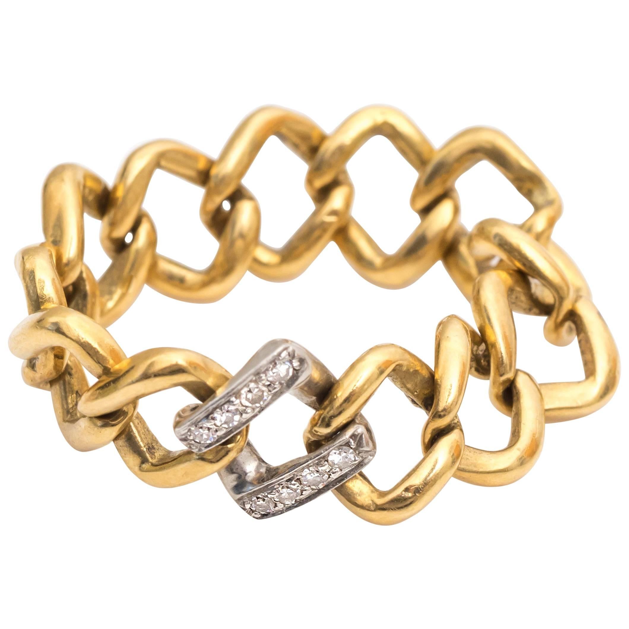 1980s Two-Tone Chain Link Ring with Diamonds For Sale