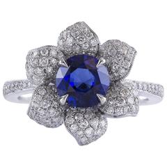 1.35 Carat Sapphire Diamond Gold Flower Ring 6